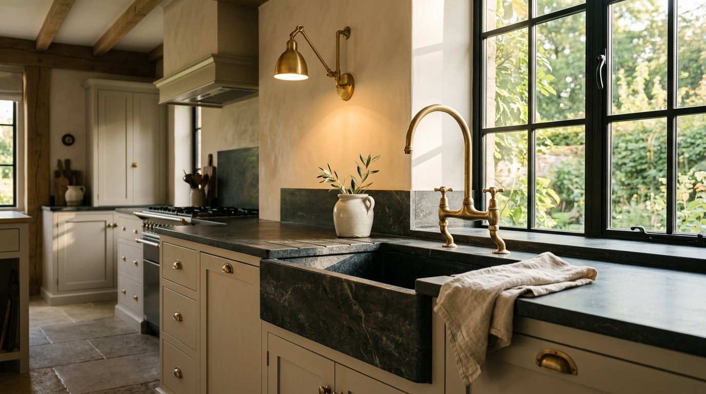 Luxury kitchen with living brass bridge faucet
