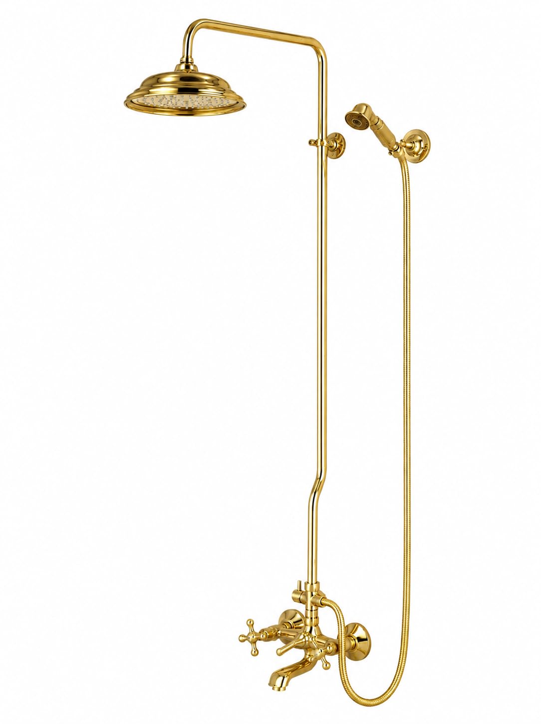 Exposed Pipe Unlacquered Brass Shower System - Front View