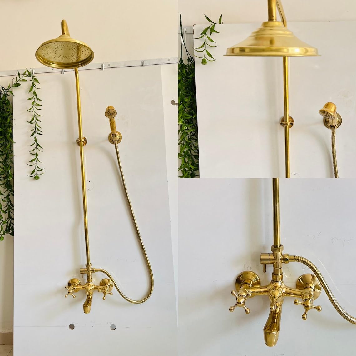Exposed Pipe Unlacquered Brass Shower System installed with classical cross-handles, 8" rainhead, and telephone wand.