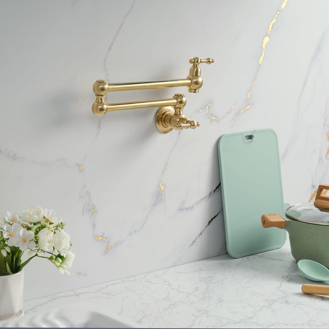 Handcrafted Unlacquered Brass Wall-Mount Pot Filler - Installation & Threads