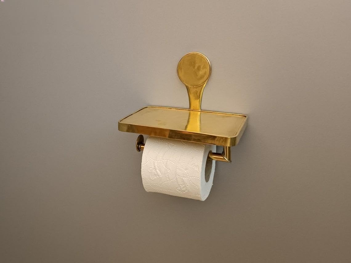 Solid Brass Toilet Paper Holder with Integrated Phone Shelf - Profile Angle