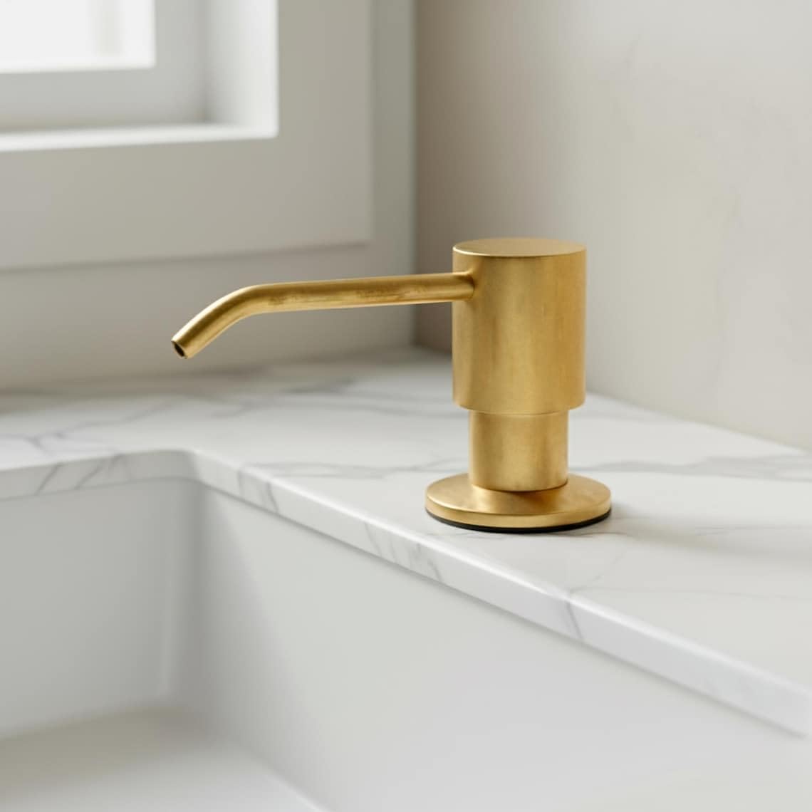 Unlacquered Brass Countertop Built-in Soap Dispenser - Detail Close-up