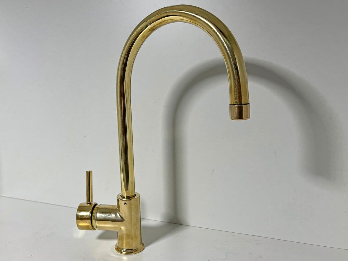 Unlacquered Solid Brass Gooseneck Kitchen Faucet - Profile Angle