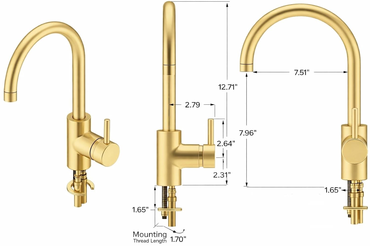 Unlacquered Solid Brass Gooseneck Kitchen Faucet - Foundry Spec