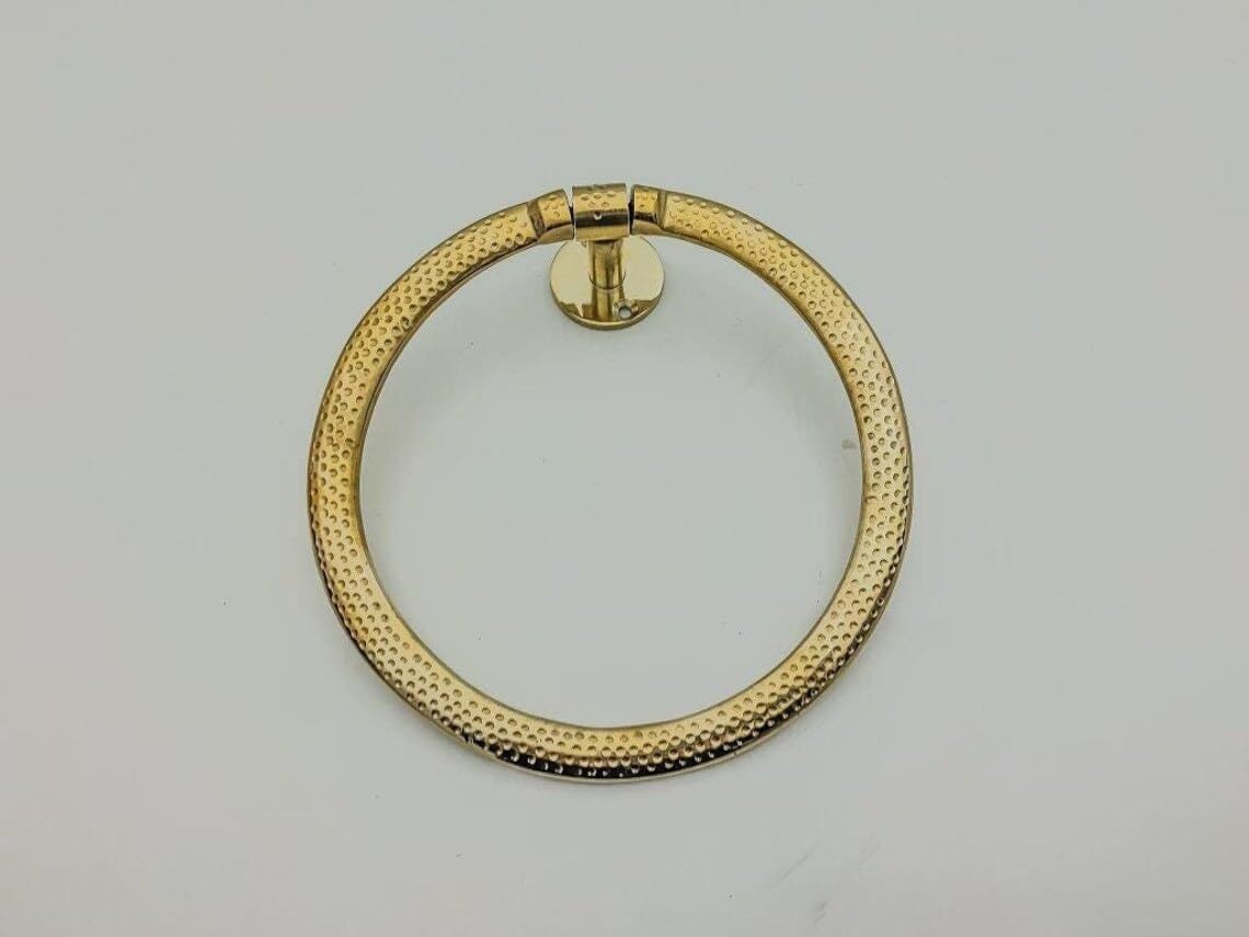 Handcrafted Vintage Brass Towel Ring with Carved Rosette - Profile Angle